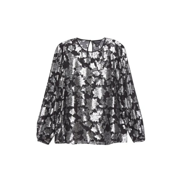 NWT Club Monaco black & silver metallic fibre burnout floral print sheer blouse - Picture 13 of 16
